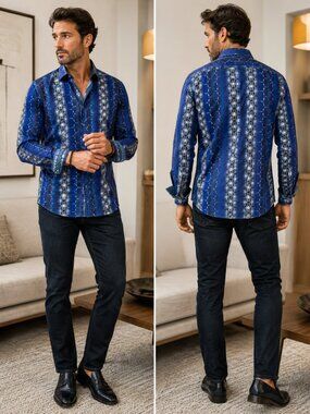 Au Noir Men’s Blue Pattern Button-Up Shirt – Designer Cotton Long Sleeve Shirt